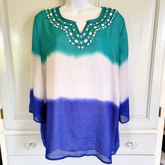 Alfred Dunner Colorblock Blouse Embellished Beaded Neck Blue Green White Size 14 - Picture 1 of 10
